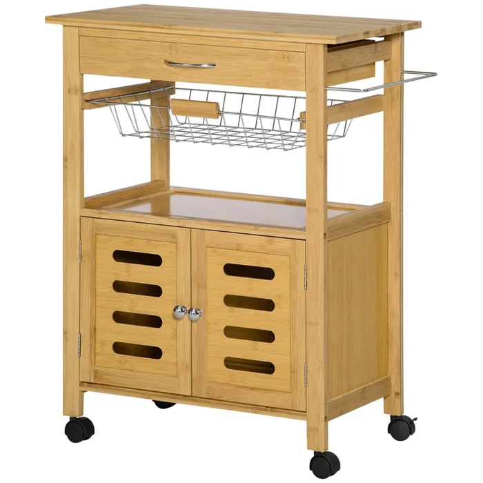 HOMCOM Carrito de Cocina con Ruedas de Bambú Carro de Servicio con 1 Cajón Cesta Extraíble Barra Lateral y Armario para Salón 66x36x79 cm Natural
