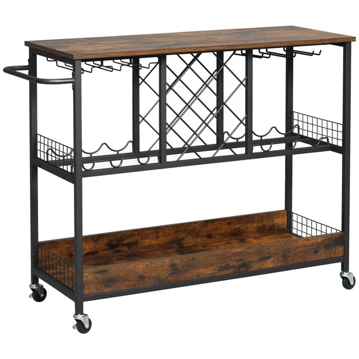 HOMCOM Carro de Cocina Carrito de Servicio con 2 Estantes Soporte 12 Copas Botellero para 6 Botellas y Asa Lateral para Comedor Salón Estilo Industrial 110x40x86 cm Marrón Rústico