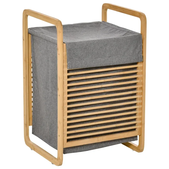 HOMCOM Cesto para Ropa Sucia de Bambú Cesto Rectangular de Ropa Portátil con Tapa y Bolsa Extraíble Mueble de Baño Dormitorio 40×35,5×60,5 cm Color Natural y Gris
