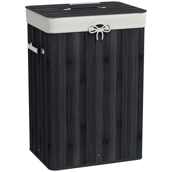 HOMCOM Cesto para Ropa Sucia Plegable de Bambú Cesto para Ropa Sucia con Tapa Asas y Bolsa Extraíble para Baño 40x30x60 cm Negro