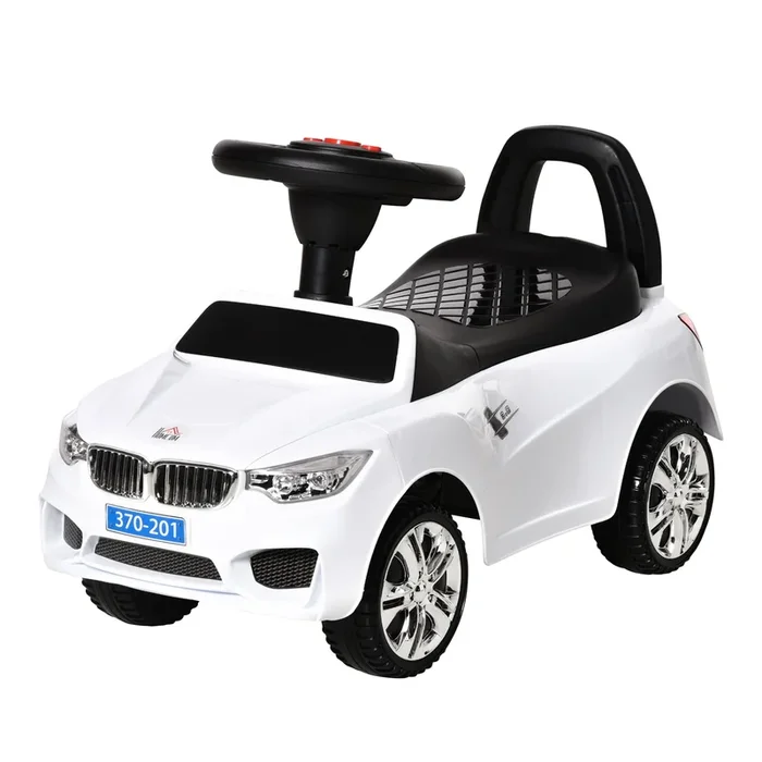 HOMCOM Coche Correpasillos para Niños de 18-36 Meses Andador Correpasillos con Faros Música Bocina Volante Espacio de Almacenaje y Asa para Empujar 63,5x28x36 cm Blanco