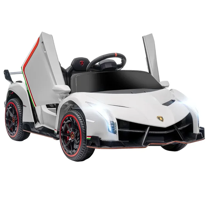 HOMCOM Coche Eléctrico Lamborghini para Niños de 3 a 6 Años Coche de Batería 12V Velocidad Max.7 km/h Puerta de Tijera con Control Remoto MP3 Luces y Cinturón de Seguridad 111x61x45 cm Blanco