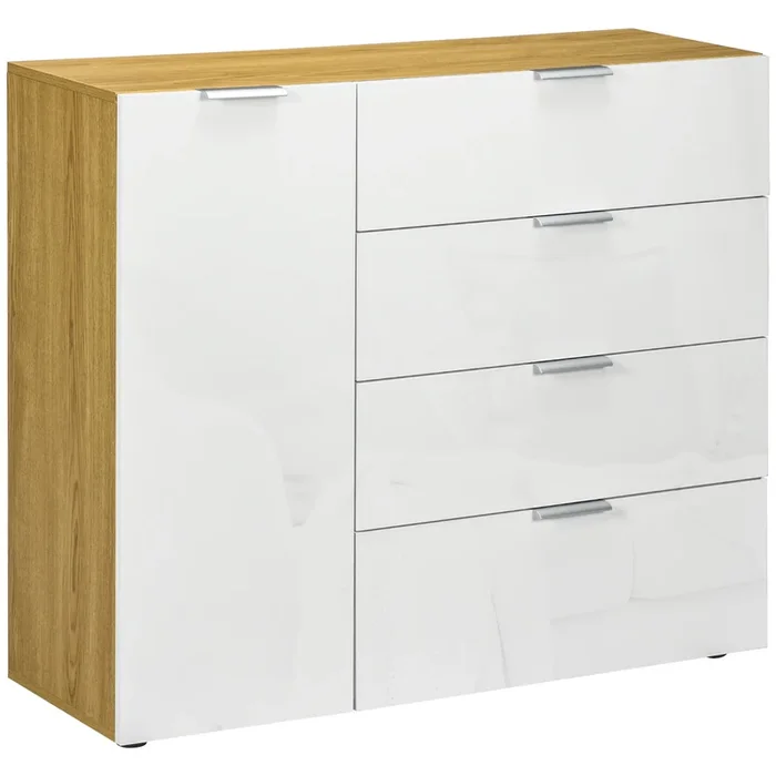 HOMCOM Cómoda de Dormitorio Aparador de Salón con 4 Cajones de de Alto Brillo Puerta y Estantes Ajustables para Comedor 105x35x92 cm Blanco y Natural