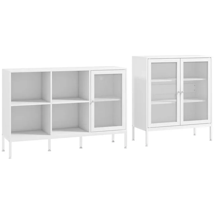 HOMCOM Conjunto de 2 Aparadores de Cocina Mueble Aparador con Puerta de Malla y Estante Ajustable Bueffet para Salón Comedor Blanco