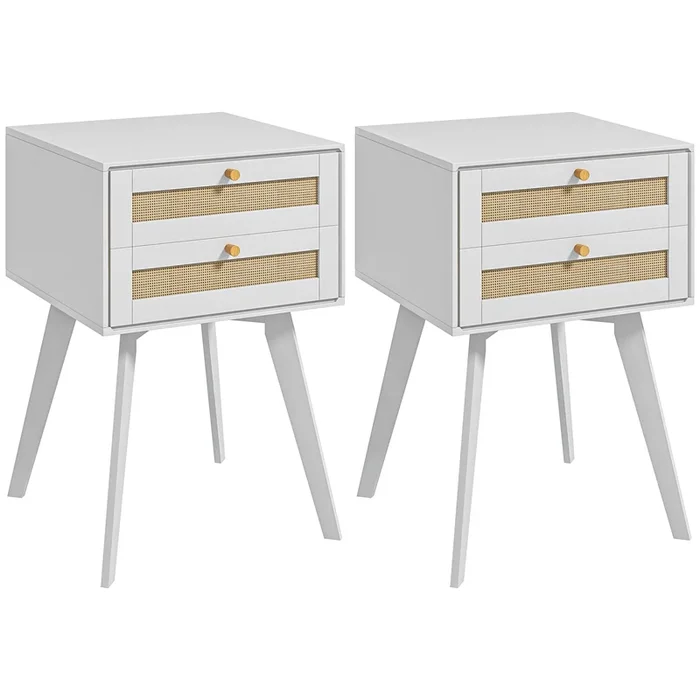HOMCOM Conjunto de 2 Mesitas de Noche Mesillas de Noche Estilo Cannage con 2 Cajones y Elemento de Ratán Mesitas Auxiliares Pequeñas para Dormitorio Salón 40x40x60 cm Blanco