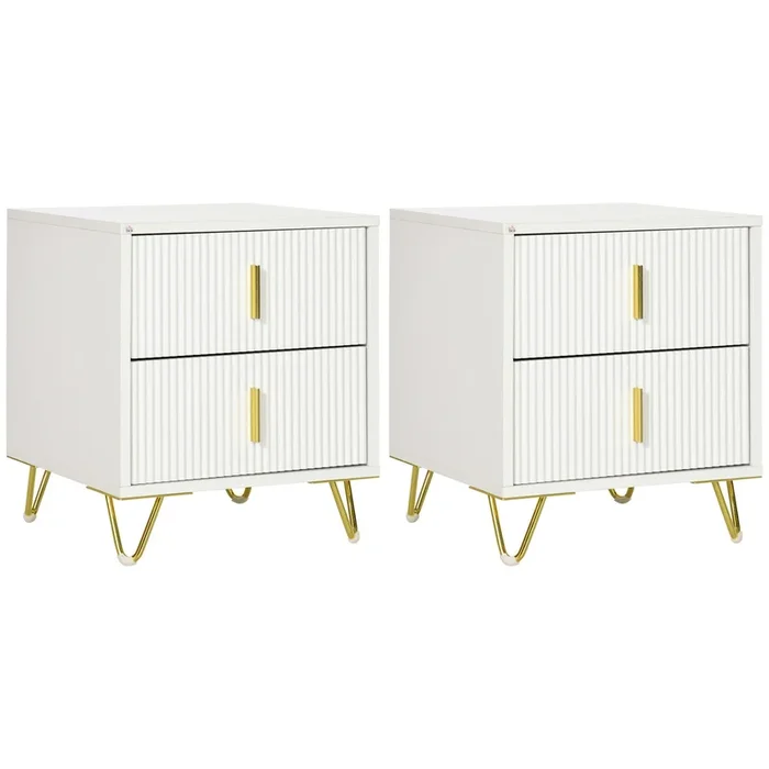 HOMCOM Conjunto de 2 Mesitas de Noche Modernas Mesillas de Noche con 2 Cajones y Patas de Metal Carga 40 kg Mesitas Auxiliares para Salón Dormitorio 40x40x47 cm Blanco