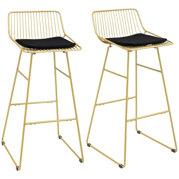 HOMCOM Conjunto de 2 Taburetes Altos de Cocina Sillas Altas de Cocina con Respaldo Cojín Estructura de Acero y Reposapiés Carga 120 kg para Bar Salón Comedor 44,5x48x94,6 cm Dorado