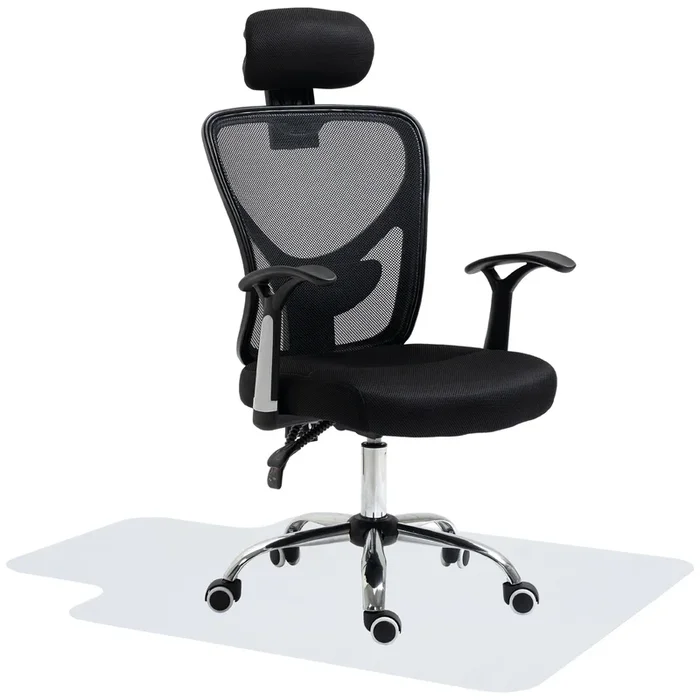 HOMCOM Conjunto de Oficina Incluye 1 Silla de Oficina Reclinable con Altura Ajustable 62x67x108-118 cm y 1 Alfombra Protectora de Suelo 90×120 cm Negro y Transparente