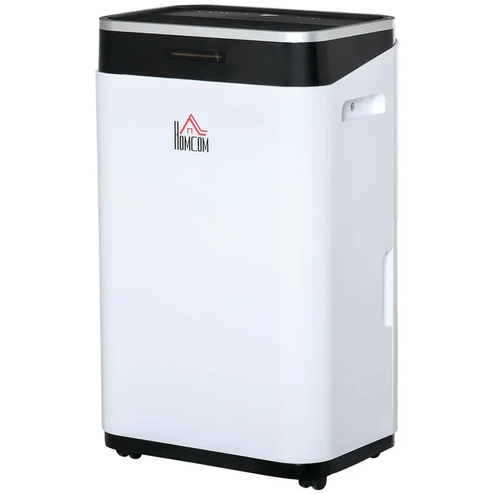 HOMCOM Deshumidificador Eléctrico 6,5 Litro 20L/Día con 3 Modos 2 Velocidades Pantalla LED Luces Indicadoras Temporizador y Ruedas Silencioso para Hogar 34x24x57 cm Blanco