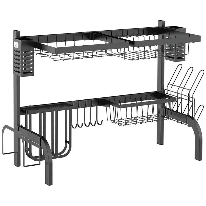 HOMCOM Escurreplatos de Acero Escurridor de Platos de 2 Niveles para Fregadero con Soporte para Tabla de Cortar Soporte de Cubiertos 5 Ganchos 65×31,5×52,5 cm Negro