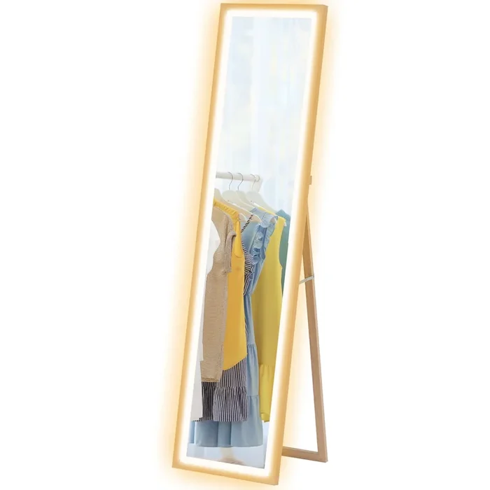 HOMCOM Espejo de Cuerpo Entero con Luz LED 160×40 cm Espejo de Pie Espejo de Pared con Iluminación de 3 Colores Táctil Inteligente Función de Memoria y Soporte para Salón Dormitorio Roble