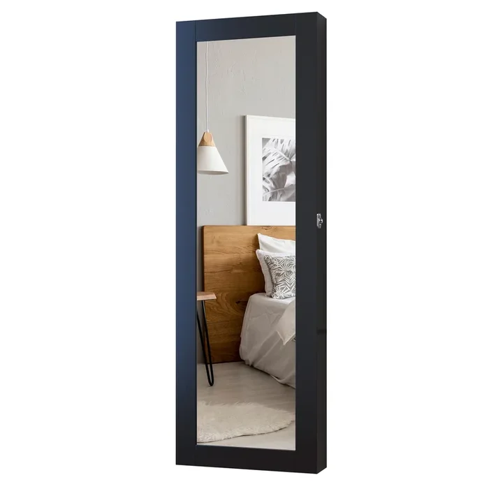 HOMCOM Espejo Joyero Colgante de Pared Armario de Joyería Organizador de Joyas con Ganchos y Ranuras para Collares para Dormitorio Salón 37×9,5×112 cm Negro