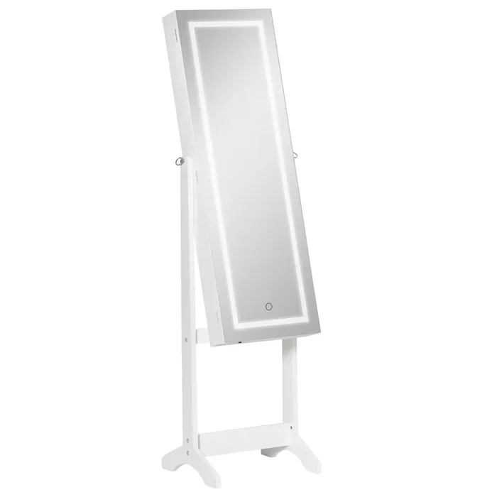 HOMCOM Espejo Joyero con Luces LED, Armario para Joyas, Armario Joyero de Pie con Espejo Entero, Inclinado en 3 Ángulos, Cierre Magnético, Cerradura con 2 Llaves, Blanco