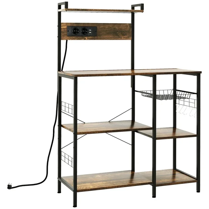 HOMCOM Estantería de Cocina Industrial Estante de Cocina con Toma de Corriente Estantes Ajustables Ganchos y Cesta Metálica 90x42x130 cm Marrón Rústico