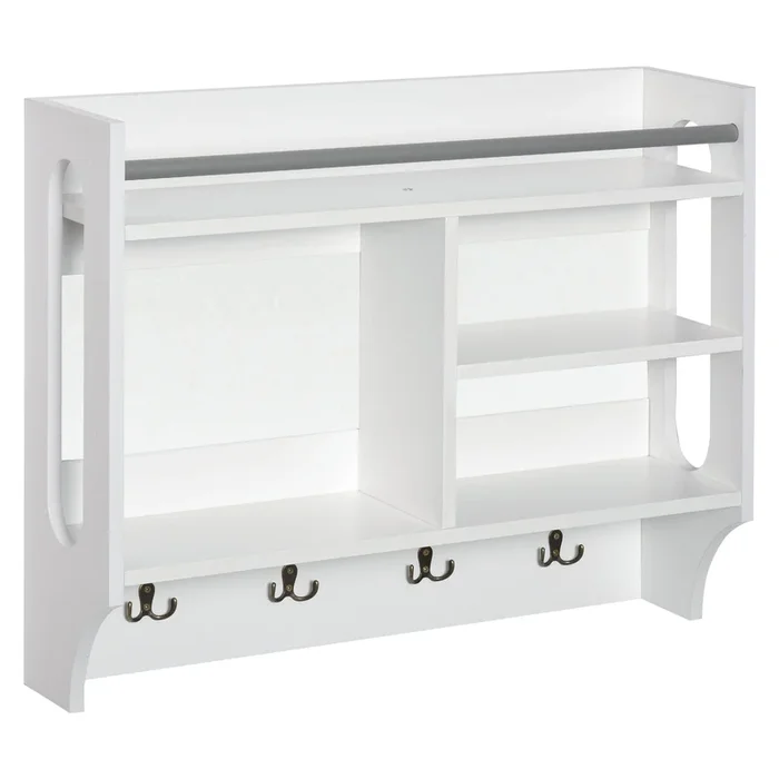 HOMCOM Estantería de Pared Organizador de Entrada con 4 Ganchos 3 Compartimentos 1 Estante y Barra Metálica Moderno para Ropa Llaves Libros 73x20x60 cm Blanco