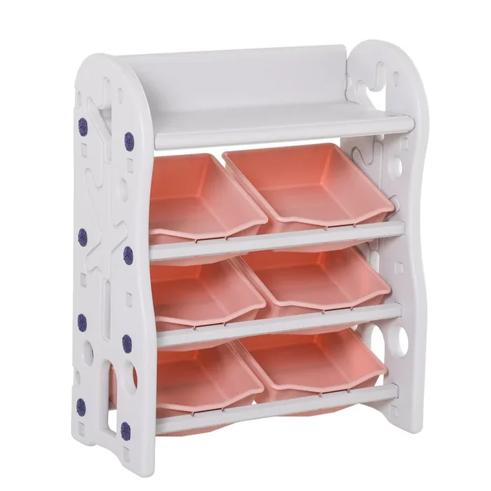 HOMCOM Estantería Infantil de Juguetes Organizador Almacenaje de Niños con 6 Cajas y Estante de HDPE para Sala de Juegos Guardería Libros 76x36x92 cm Coral y Blanco