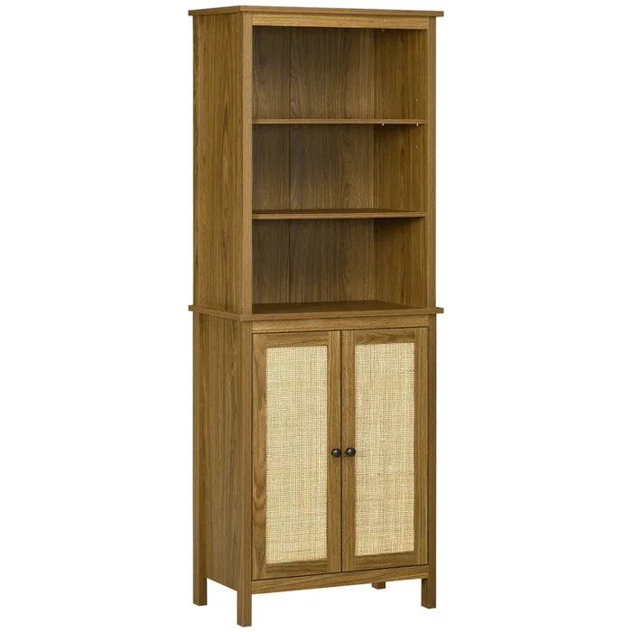 HOMCOM Estantería Librería Armario de Libros Mueble de Salón con 2 Puertas de Ratán y 3 Estantes de Almacenamiento para Oficina Estudio 60×34,5×162 cm Nogal