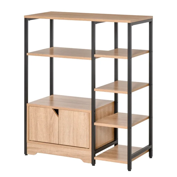 HOMCOM Estantería para Libros con Múltiples Estantes Abiertos y Doble Puerta Librería con Marco de Metal para Oficina Salón 80x35x97 cm Madera Natural