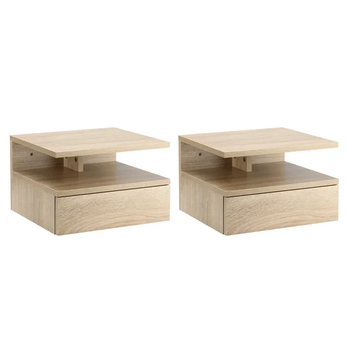 HOMCOM Juego de 2 Mesitas de Noche Flotantes Mesitas de Noche Colgantes con 1 Cajón y Estante Abierto para Dormitorio 35x32x22,5 cm Roble
