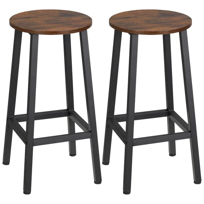 HOMCOM Juego de 2 Taburetes Altos de Cocina Altura 65 cm Taburetes de Bar Sillas de Bar con Patas de Acero y Reposapiés para Salón Comedor Bar Carga 75 kg Marrón Rústico y Negro