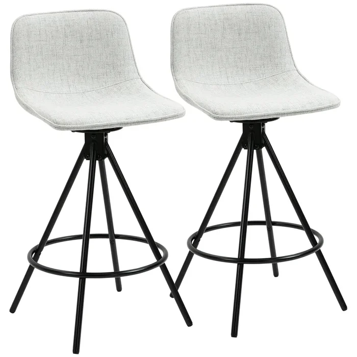 HOMCOM Juego de 2 Taburetes Altos de Cocina con Asiento Giratorio Taburetes de Bar Tapizada en Tacto de Lino con Respaldo y Patas de Acero para Comedor 41,5×47,5×90 cm Gris Claro