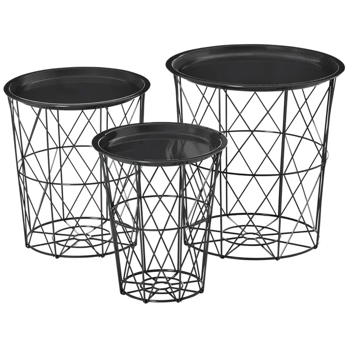 HOMCOM Juego de 3 Mesas Auxiliares Apilables Cestas de Metal con Bandeja Extraíble y Espacio de Almacenamiento Estilo Moderno para Salón Sofá Diámetro Ø43 Ø35 y Ø30 Gris