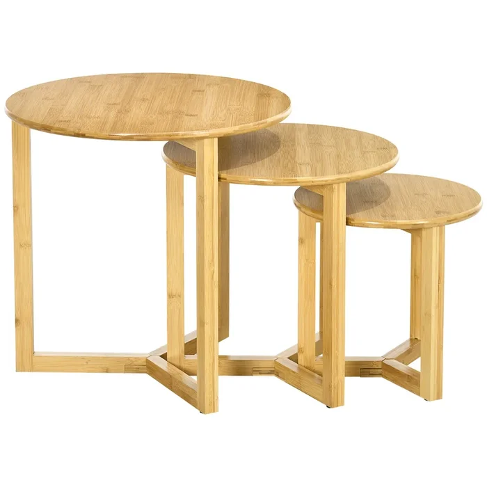 HOMCOM Juego de 3 Mesas de Centro Redondas de Anidación de Bambú Mesas Nido Mesas Auxiliares para Salón Oficina Ø48×48 cm Ø40×40 cm Ø32×32 cm Natural