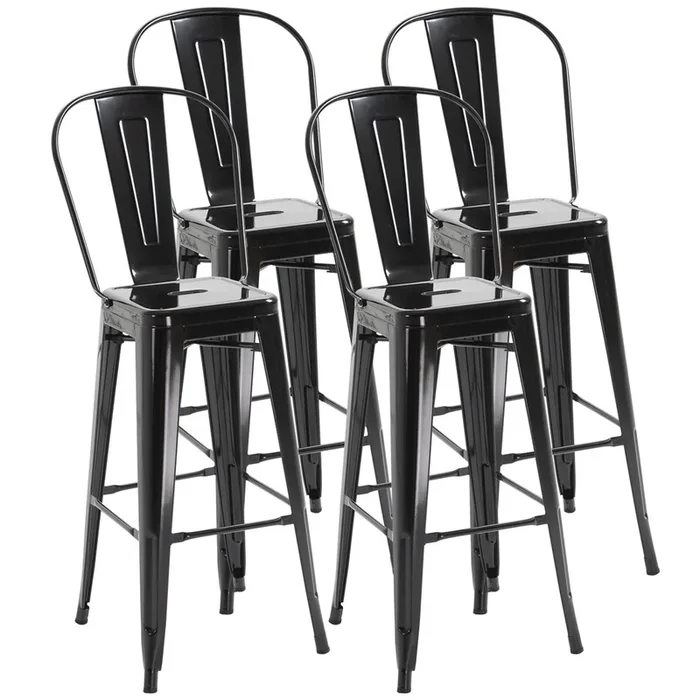 HOMCOM Juego de 4 Taburetes de Bar con Respaldo Alto Silla de Comedor de Metal con Reposapiés para Comedor Carga 120 kg 44x46x116 cm Negro