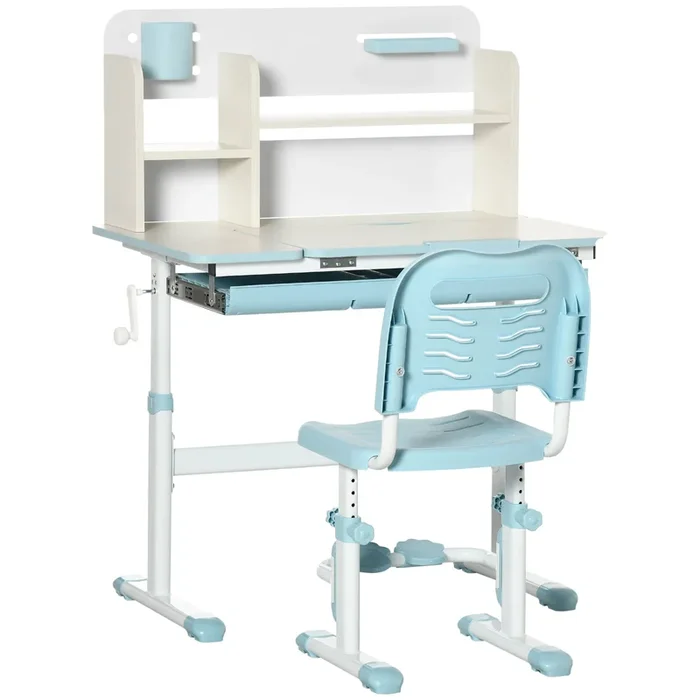 HOMCOM Juego de Escritorio y Silla para Niños de +3 Años con Altura Ajustable Pupitre Infantil con Tablero de Mesa Inclinable Cajón y Estantería para libros 80x52x88-109 cm y 35,5×44,5×66-80 cm Azul