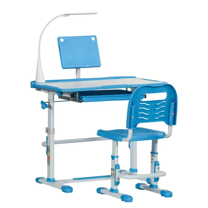 HOMCOM Juego de Escritorio y Silla para Niños de +6 Años Pupitre Infantil con Altura Ajustable Mesa Inclinable Cajón Lámpara LED y Portalápices 80×49,5×82-104 cm y 35,5×43,5×63-73 cm Azul