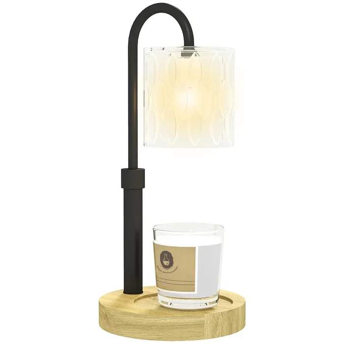 HOMCOM Lámpara de Mesita de Noche Lámpara Calefactora de Velas con Base de Madera Pantalla de Vidrio y Varilla Lámpara de Mesa para Dormitorio Salón Ø15×32,5 cm Multicolor