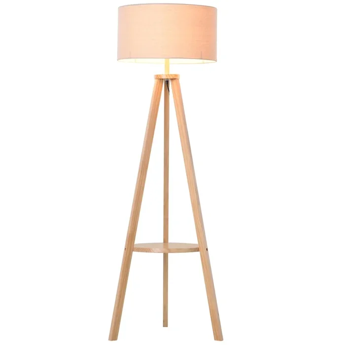 HOMCOM Lámpara de Pie Trípode con Estante Lámpara de Pie Salón con Pantalla de Lino Interruptor de Pie para Sala de Estar Oficina Dormitorio Beige y Natural