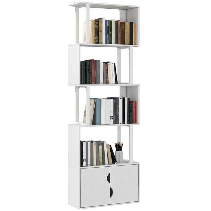 HOMCOM Librería de 5 Niveles en Forma de S Estantería de Libros con 5 Estantes y 2 Puertas para Sala de Estar Oficina Estudio Dormitorio 60×23,8×179,2 cm Blanco