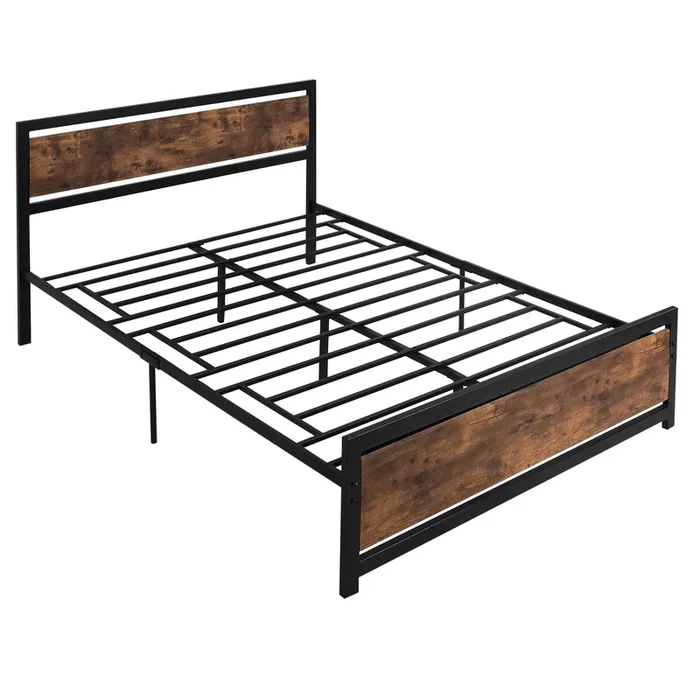 HOMCOM Marco de Cama Doble de Metal para Colchón 150×200 cm con Cabecera de Madera Estructura de Cama con Espacio Bajo de Almacenamiento 160x208x103 cm Negro y Marrón Rústico