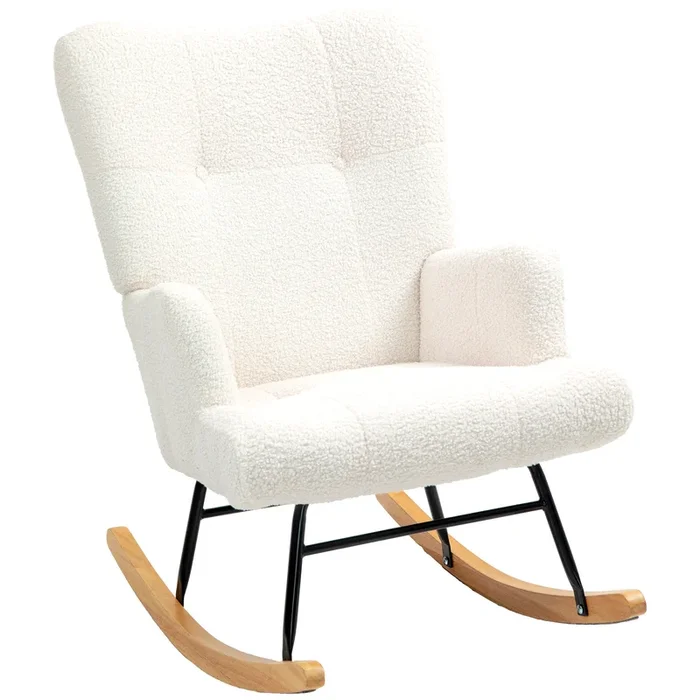 HOMCOM Mecedora de Borreguito Mecedora para Lactancia con Respaldo Capitoné y Base de Madera de Caucho Carga 120 kg Sillón Relax para Salón Dormitorio Crema
