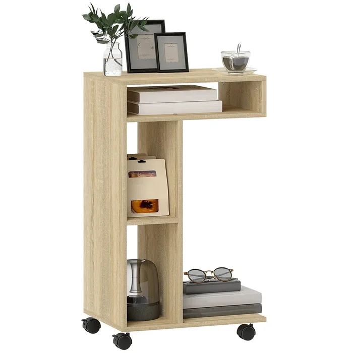 HOMCOM Mesa Auxiliar Multifuncional en Forma de C Mesa Auxiliar para Sofá con Ruedas Compartimentos Abiertos Mesa Lateral para Sofá Salón Dormitorio Oficina 40x30x69 cm Roble