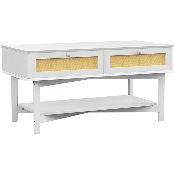 HOMCOM Mesa de Centro Blanca Mesa Baja con 2 Cajones Decorativos de Ratán y Estante de Almacenamiento para Sala de Estar Carga 50 kg 100x50x50 cm