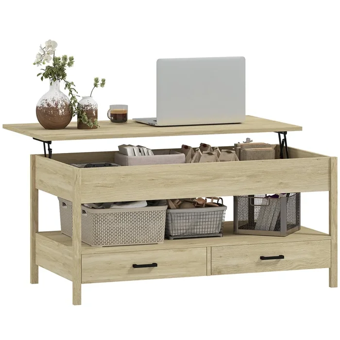 HOMCOM Mesa de Centro Elevable Mesa de Café con Encimera Elevable Espacio Oculto de Almacenaje Cajones y Estante Abierto 100x50x48-62 cm Roble
