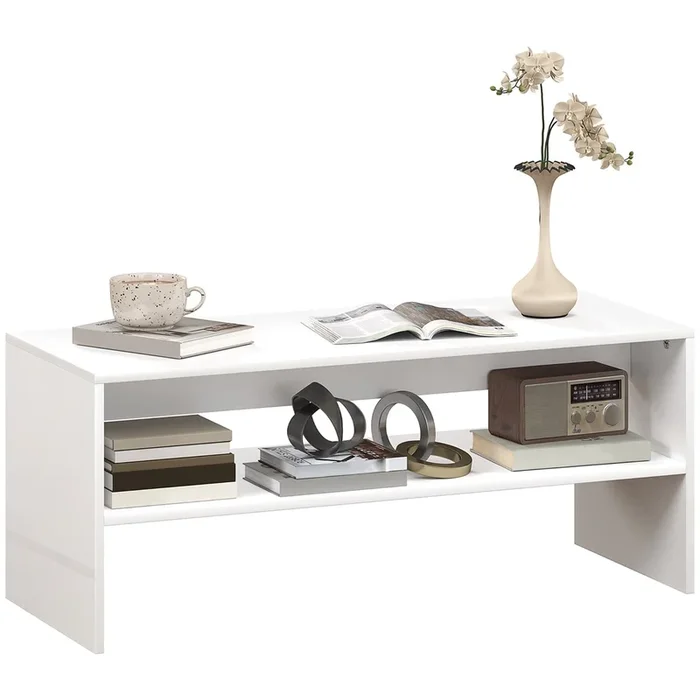 HOMCOM Mesa de Centro Mesa Auxiliar con Compartimento Abierto Mesa de Café para Salón Comedor 100x40x41,5 cm Blanco Brillante