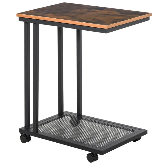 HOMCOM Mesa Lateral Mesa Auxiliar con Ruedas para Sofá Salón Dormitorio Estilo Industrial Retro Mesa Café Ordenador Metal y Madera 51x36x65 cm Natural y Negro