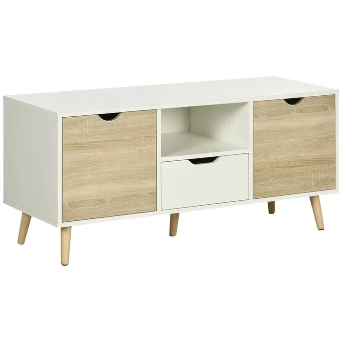 HOMCOM Mueble de TV con Cajón, 2 Puertas y Compartimento Abierto, Mesa para Televisor de hasta 50 Pulgadas, Aparador de Salón Moderno de Melamina 110x40x50 cm Blanco y Madera Natural