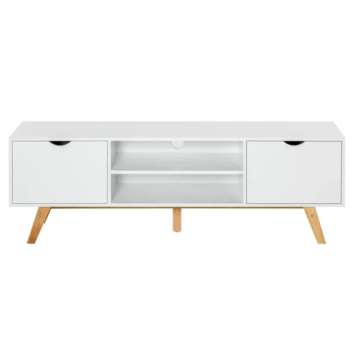 HOMCOM Mueble de TV Moderno Mueble para Televisores de 65 Pulgadas Mesa de TV para Salón con 2 Puertas 2 Estantes Abiertos y Patas de Madera 150x39x50 cm Blanco