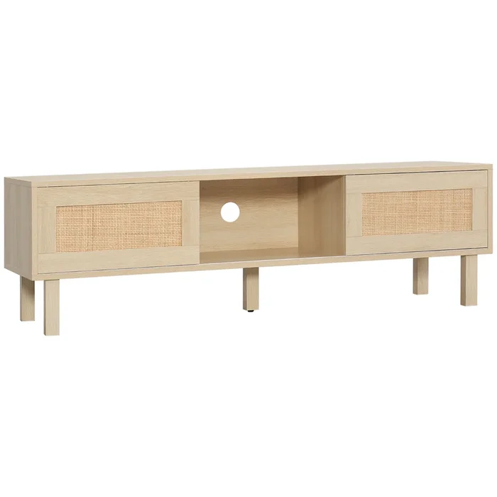 HOMCOM Mueble de TV para Televisores de hasta 60 Pulgadas Mesa para TV de Salón con Puertas Correderas de Rejilla y Estante Abierto para Dormitorio Estilo Cannage 135x39x41 cm Natural