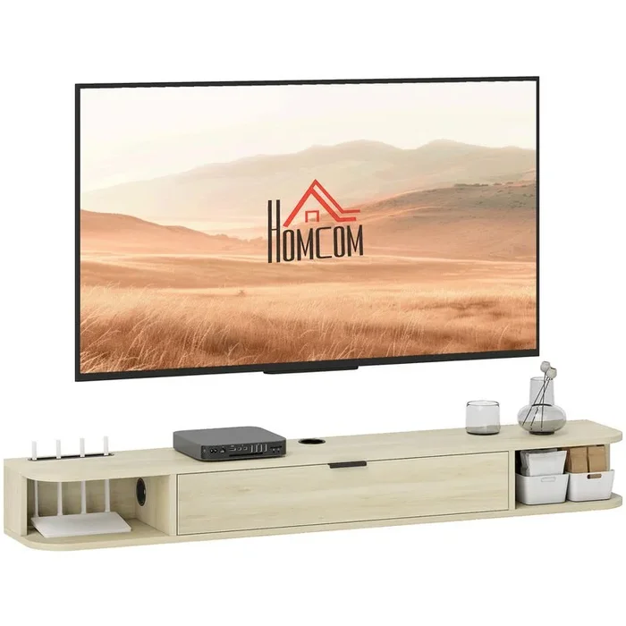 HOMCOM Mueble de TV Suspendido, Mueble de TV para Salón con Cajón Abatible, 2 Estantes Abiertos, Gestión de Cables, Estilo Moderno, para Televisión 60 Pulgadas, 140x24x16 cm, Madera Natural