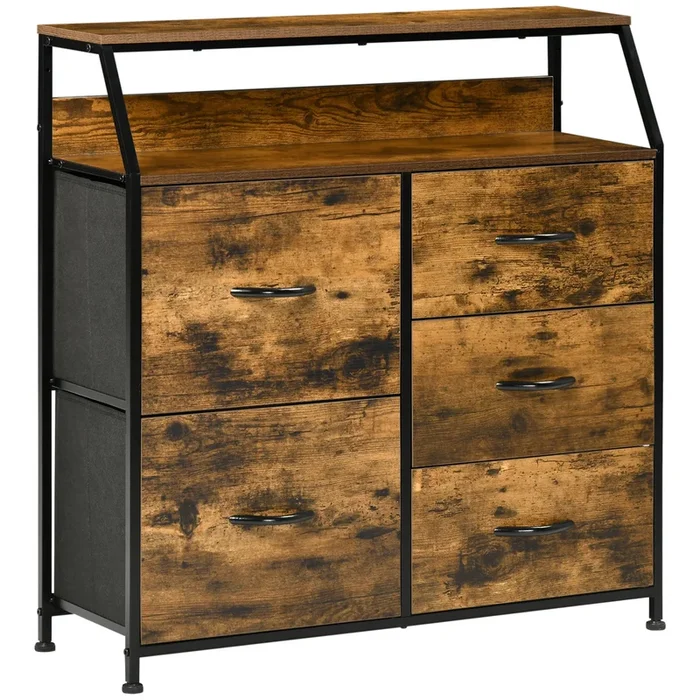 HOMCOM Mueble Organizador Cajonera de Tela con Cajones Plegables Estante Abierto y Marco de Acero Estilo Industrial para Salón Recibidor Dormitorio 83,5x29x87 cm Marrón Rústico