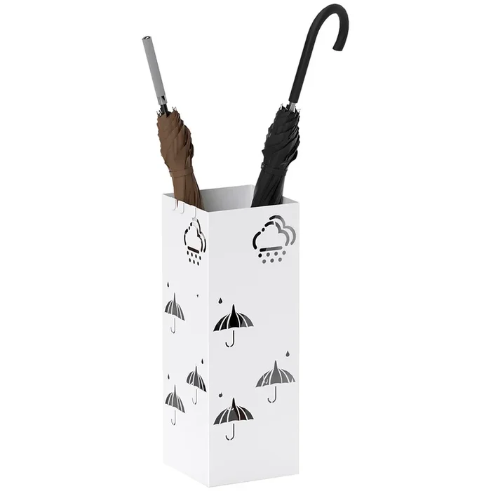 HOMCOM Paragüero de Acero Soporte de Paraguas con 4 Ganchos y Bandeja de Goteo Extraíble Paragüero Blanco para Entrada Oficina 15,5×15,5×41 cm
