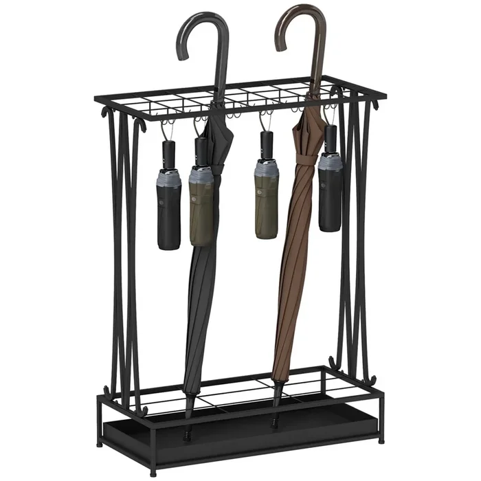 HOMCOM Paragüero Moderno Rectangular Soporte de Paraguas de Acero con 24 Ganchos 21 Espacios y Bandeja Recogegotas Extraíble Paragüero para Entrada Oficina 50x24x68 cm Negro