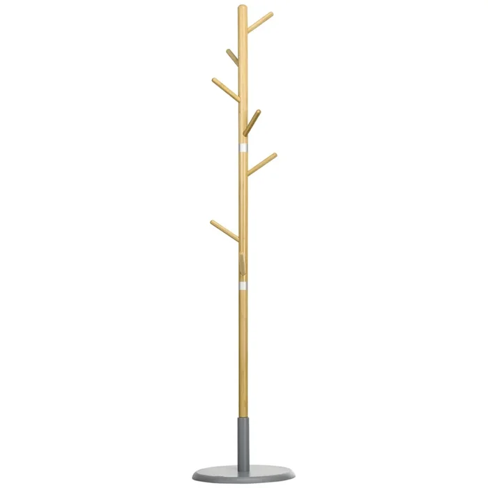 HOMCOM Perchero de Pie de Bambú Perchero de Entrada Recibidor con 8 Ganchos para Colgar Ropas Bolsas Perchero en Forma de Árbol Ø37,8×175,6 cm Natural y Gris