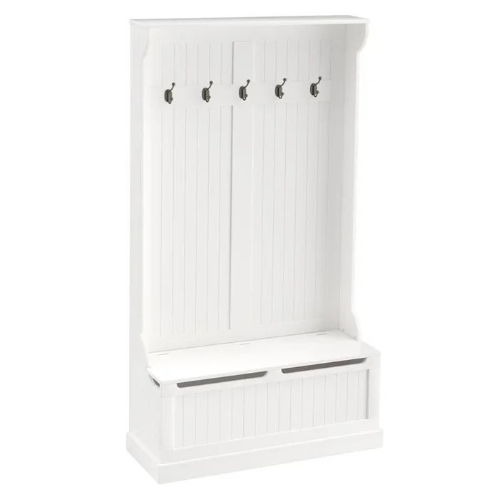 HOMCOM Perchero Zapatero, Perchero Entrada Recibidor con Banco de Almacenamiento y 5 Ganchos, Estilo Moderno, para Pasillo Dormitorio, 96x34x179,7 cm, Crema