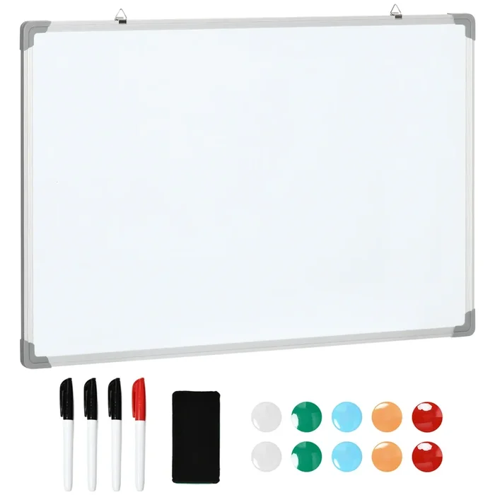 HOMCOM Pizarra Blanca Magnética con Bastidor de Aleación de Aluminio 90×60 cm Pizarra de Borrado en Seco con Borrador 4 Rotuladores y 10 Imanes para Oficina Hogar